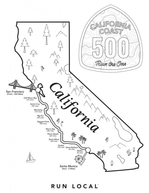 California Coast coloring 500 Map - Run Local®